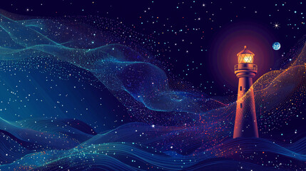 Poster - Abstract image of a lighthouse in the form of a starry sky or space, consisting of points, lines, and shapes in the form of planets, stars and the universe. Vector business