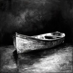 Wall Mural - Solitude on the Water: A Black and White Boat Painting