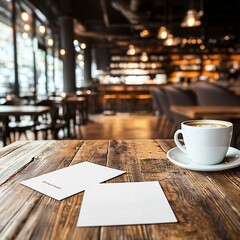 Poster - A modern cafe setting hosting a speed dating event, with coffee cups and name cards on the tables