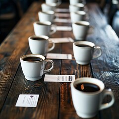 Poster - A modern cafe setting hosting a speed dating event, with coffee cups and name cards on the tables