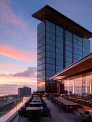 Poster - A modern rooftop venue hosting a speed dating event at sunset, with a city skyline in the background