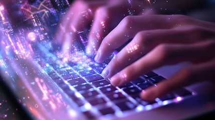 Poster - Close-Up of Male Hands Typing on Laptop Keyboard with Digital Effects