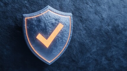 Poster - Cybersecurity Shield: A glowing checkmark on a metallic shield against a dark backdrop symbolizes safety, security, and protection.  