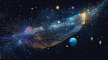 Poster - Abstract image of Bird feather of a starry sky or space, consisting of points, lines, and shapes in the form of planets, stars and the universe. Vector business