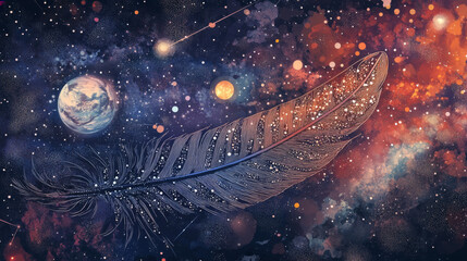 Poster - Abstract image of Bird feather of a starry sky or space, consisting of points, lines, and shapes in the form of planets, stars and the universe. Vector business
