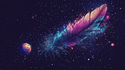 Poster - Abstract image of Bird feather of a starry sky or space, consisting of points, lines, and shapes in the form of planets, stars and the universe. Vector business