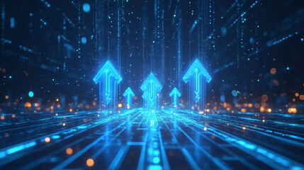 three abstract blue glow speed arrows rise up. concept of business target reach or successful invest