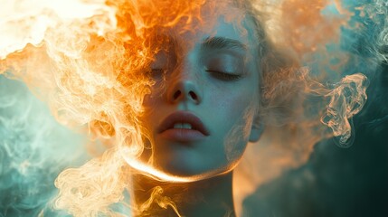 Wall Mural - Enigmatic Woman in Fire and Smoke: A Surreal Portrait