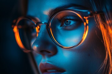 Wall Mural - Closeup portrait woman glasses neon light