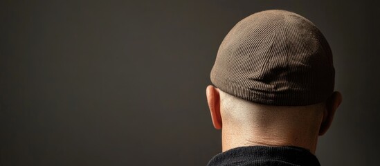 Poster - Bald head wearing a cap with a dark background and ample blank space for personalized text or branding options.