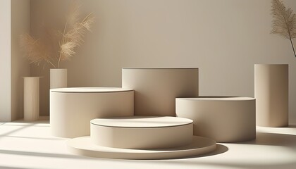 Wall Mural - Minimalist Beige Product Display Podiums for Online Sales