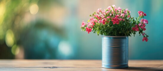 Poster - flourishing flowers in a soda can planter with natural background and ample empty space for custom t
