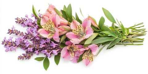 Poster - elegant bouquet of alstroemeria and lavender flowers on white background with space for text or bran