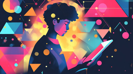 Poster - Abstract polygonal young man holds a pc tablet in his hand and touches on it. Low poly wireframe digital technology innovation vector illustration on dark blue background. Space style. Polygon art.