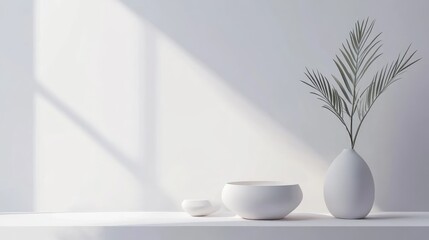 Poster - minimalist interior decor with white vases and bowls creating a serene atmosphere and empty space fo