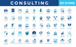 © Gravisio - Consulting icons set with consulting, strategy, analysis, problem solving, solutions, expertise, guidance, advice, planning, evaluation icon. Simple flat vector
