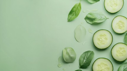 Poster - Cucumber Slices and Fresh Green Leaves on Soft Green Background for Healthy Lifestyle and Culinary Use with Space for Text