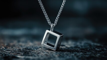 Poster - cubic shaped pendant with twisted loop on chain against dark background and empty space for text or 