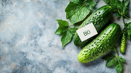 Poster - Fresh organic cucumbers with bio label and green leaves on textured background with ample empty space for text or branding messages