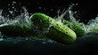 © 2rogan - Cucumber splashing into cold water creating dynamic waves with dark background and empty space for text or branding placement