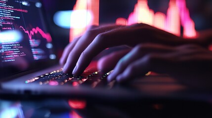 Poster - Close Up of Male Hands Typing on Laptop Keyboard in Neon Setting