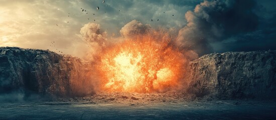 Poster - dramatic explosion near a cliff creating a dynamic scene with space for text or messaging in a power