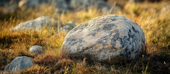 Poster - rock formation in a serene wilderness setting with lush grass and empty space for text overlay or gr