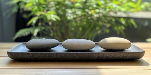 Poster - Balanced Zen stones on a tray in a tranquil setting with greenery background and ample space for peaceful text or messaging integration.