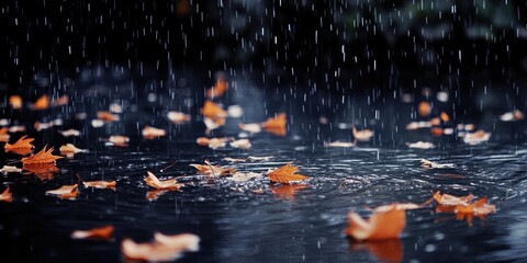 Poster - Autumn leaves falling on water with rain bokeh creating a serene atmosphere and space for text or quotes
