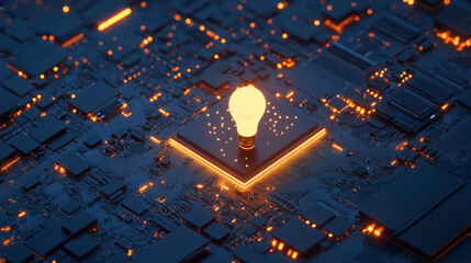 Poster - Abstract digital AI chip and lightbulb on technology blue background. Artificial intelligence innovation concept. Tech bg. CPU processor or microchip. 3D Low poly vector illustration. 