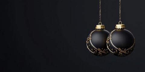 Wall Mural - Elegant Black and Gold Christmas Ornaments with Copy Space for Seasonal Greetings and Festive Messages