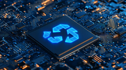 Poster - AI chip and two recycle digital arrows. Abstract digital AI processor in low poly wireframe with neon blue lights effects. Technology background. Artificial Intelligence concept. Vector illustration.