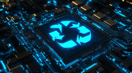 Poster - AI chip and two recycle digital arrows. Abstract digital AI processor in low poly wireframe with neon blue lights effects. Technology background. Artificial Intelligence concept. Vector illustration.