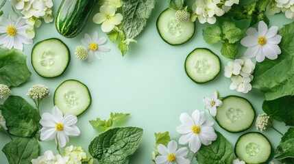 Poster - Fresh cucumber and floral arrangement on soft green background with ample space for text and design accents
