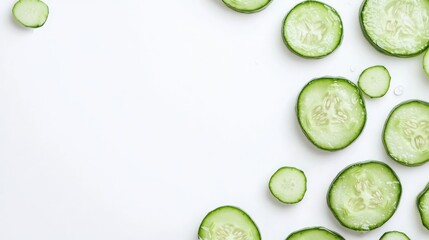 Poster - Fresh cucumber slices arranged on a white background with ample space for text or branding showcasing healthy eating and freshness