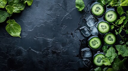 Poster - fresh cucumbers sliced with ice and greenery on dark stone background providing empty space for text