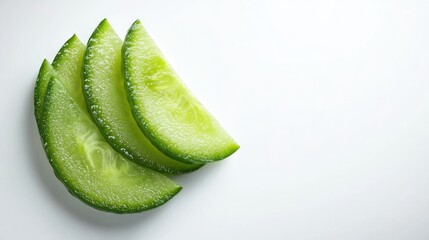 Poster - fresh cucumber slices arranged on a white background with ample copy space for food-related text or 