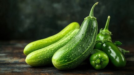 Poster - Fresh cucumbers and green peppers arranged on a rustic wooden table Healthy vegetables with empty space for text ideal for food photography