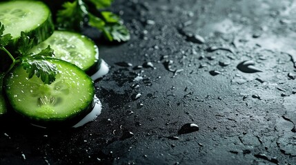 Poster - Fresh cucumber slices with droplets on rustic table ideal for health-focused cooking presentations and recipe book layouts