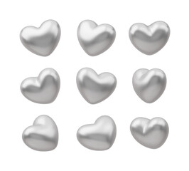 Wall Mural - 3d silver heart rotation. metallic vector valentines day symbol in different view. realistic romanti