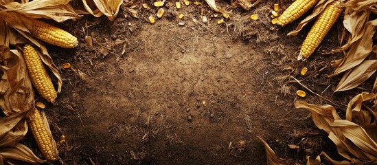 Poster - Golden yellow corn cobs on earthy ground with dried leaves creating a natural frame for advertising space and promotional text opportunities