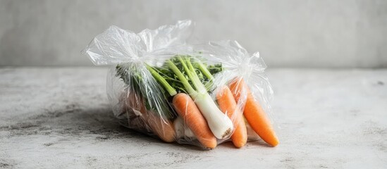 Poster - Assorted Fresh Vegetables in Clear Plastic Bag with Empty Space for Text or Branding on Neutral Background