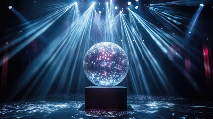 Poster - Vibrant disco ball illuminated by beams of colorful lights creating an energetic party atmosphere with space for customized text or messages