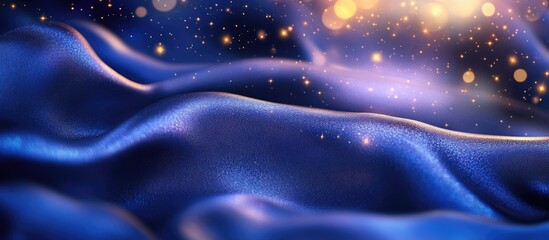 Poster - Luxurious silky fabric with shimmering reflections and soft bokeh stars against a blurred night sky creating elegant negative space for design