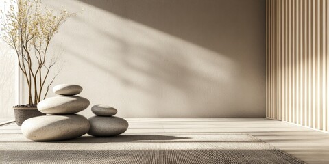 Poster - serene zen pebble stones arranged in a tranquil indoor environment with ample empty space for text a