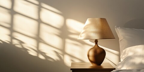 Wall Mural - Elegant Bedside Table Lamp Casting Soft Shadows on Wall with Empty Space for Text in Cozy Bedroom Setting