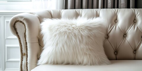 Poster - Luxurious Bedroom Interior Featuring White Faux Fur Pillow on Elegant Sofa with Space for Text and Soft Natural Lighting