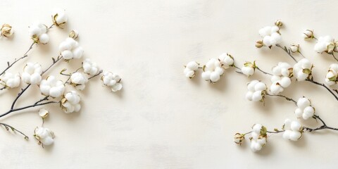 Poster - elegant white cotton blooms frame with soft background for text or graphic placement in minimalist d