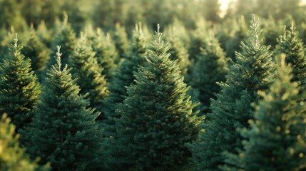 Poster - Sunlit Dense Fir Grove with Lush Green Trees and Ample Copy Space for Text Overlay