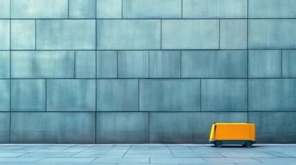 Poster - Delivery robot on smooth pavement against modern wall design showcasing innovative customer service technology and space for messaging.